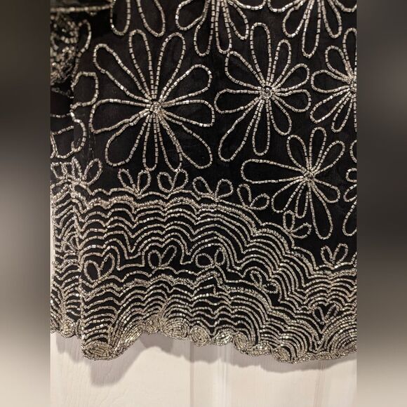 Papell Boutique Evening 100% Silk Black Fully Beaded Short Sleeve shirt Blouse L - Picture 13 of 14